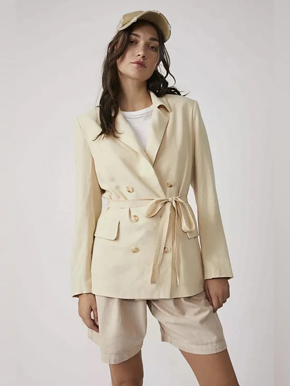Free People Olivia Tie Front Blazer Neutral XS Linen Oversized Double Breasted